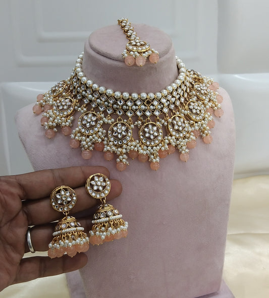 Pride Peach kundan Indian Necklace Jewellery Set