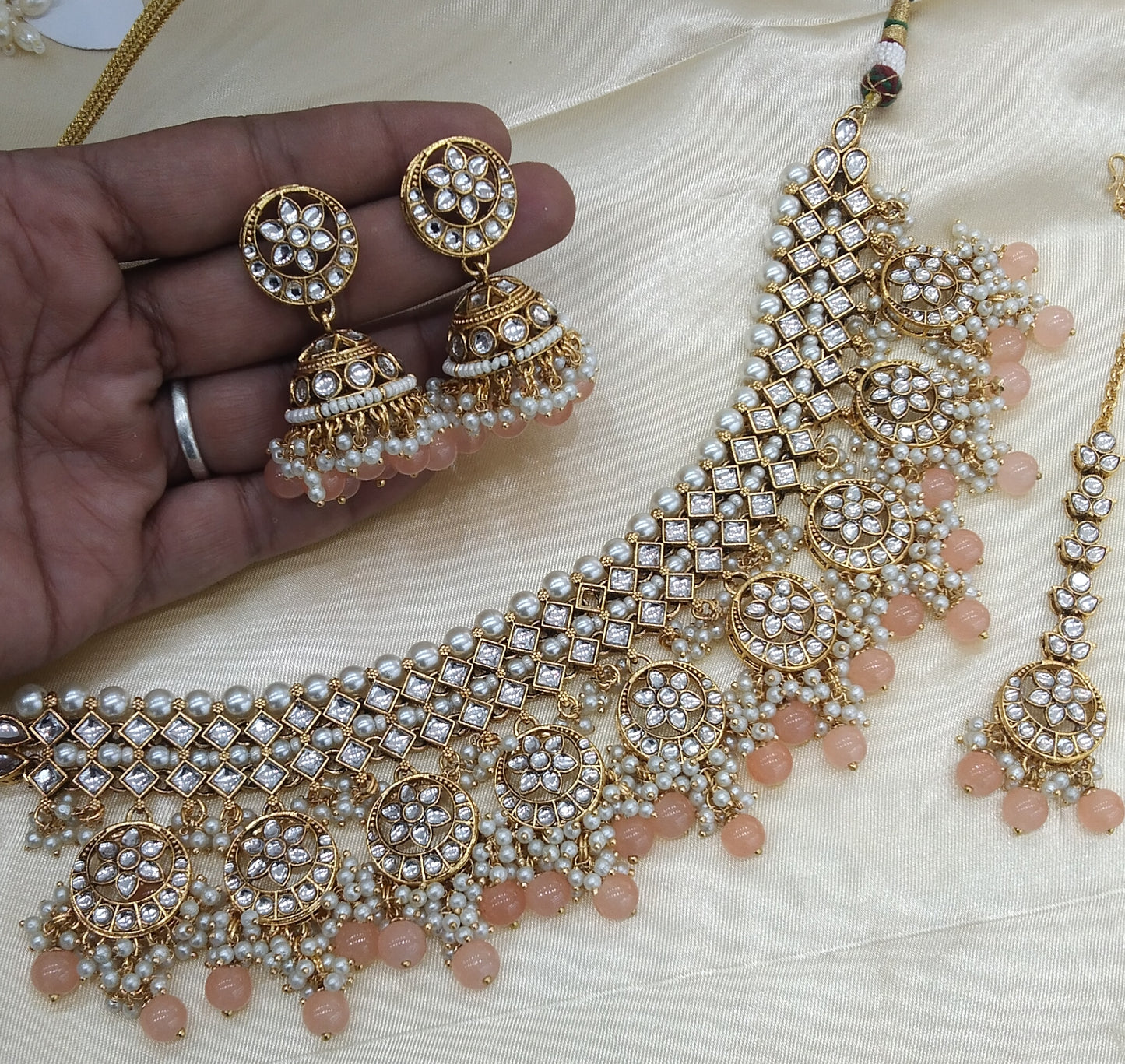 Pride Peach kundan Indian Necklace Jewellery Set