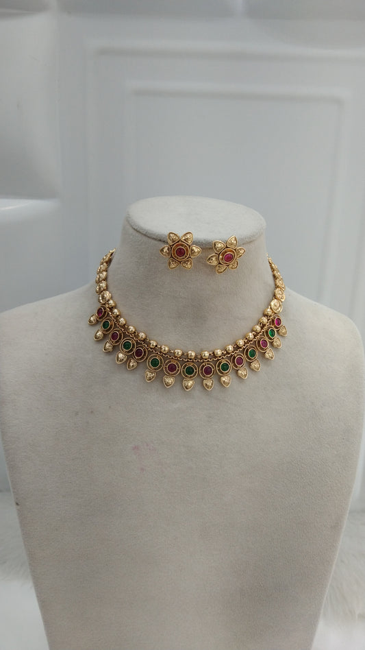 Green Maroon Polki Necklace Jewelry challa Set