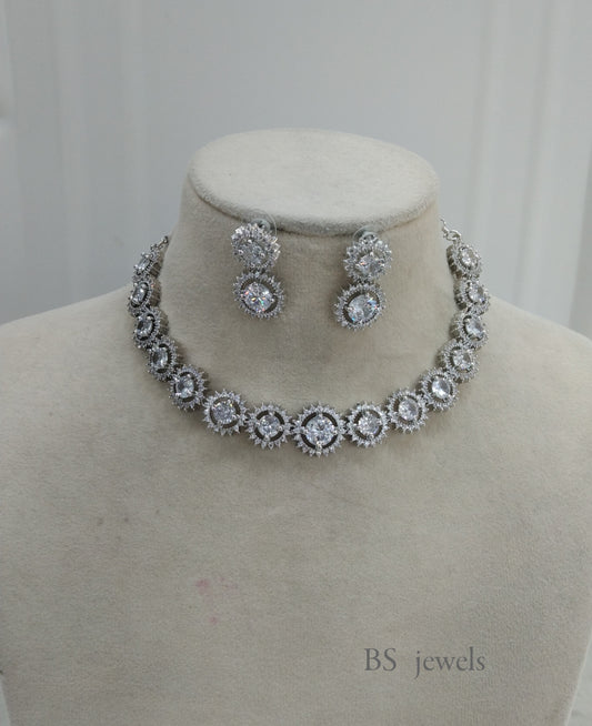 Silver American Diamond Ad Sheet Necklace Set