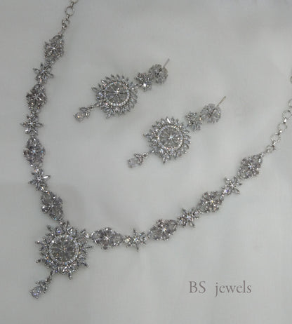 Silver American Diamond Ad Out Necklace Set