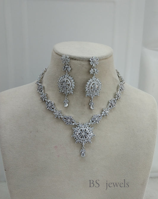 Silver American Diamond Ad Out Necklace Set