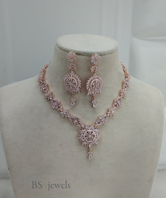 Rose Gold American Diamond Ad Out Necklace Set
