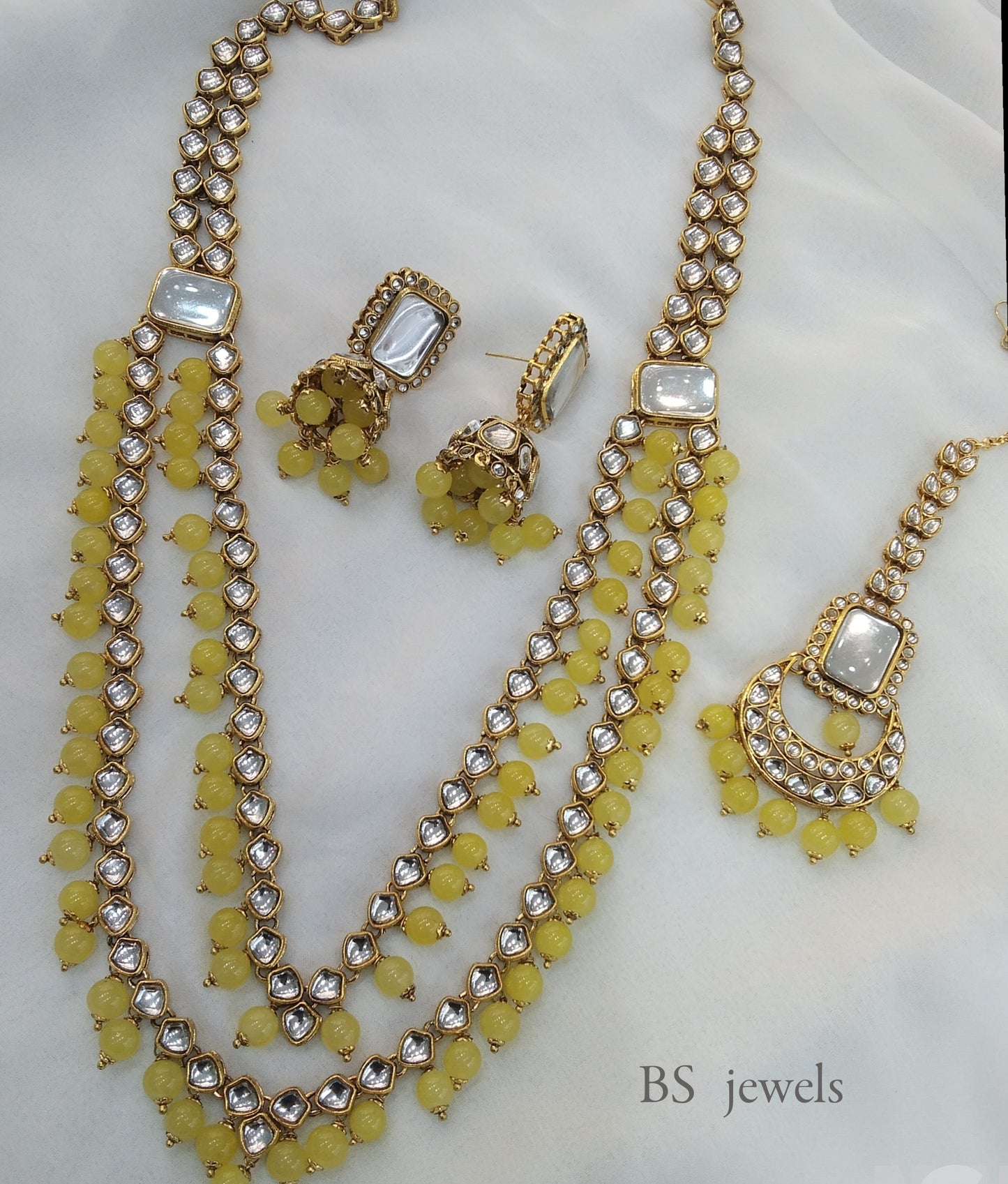 Yellow Kundan Rani Haar Indian Jewelry Set