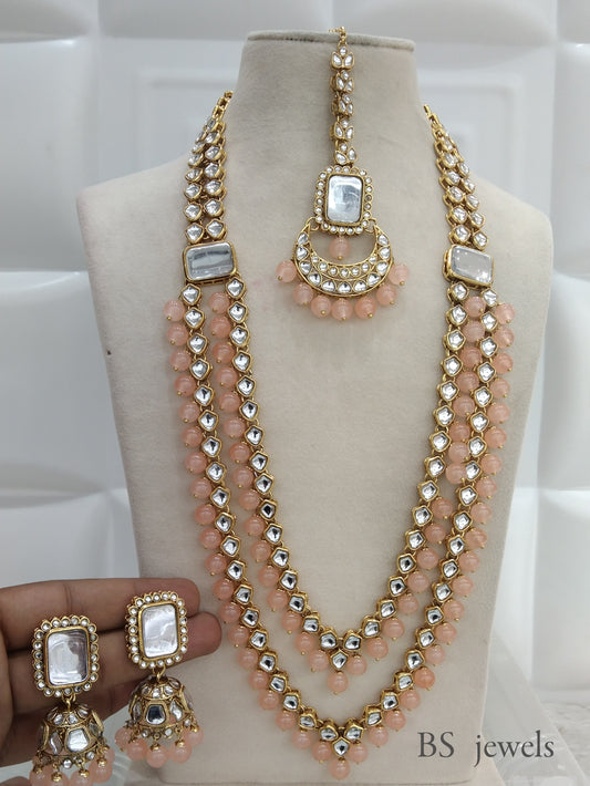 Peach Kundan Rani Haar Indian Jewelry Set
