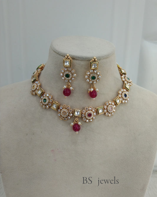 Multicolor Polki Necklace Jewelry challa Set