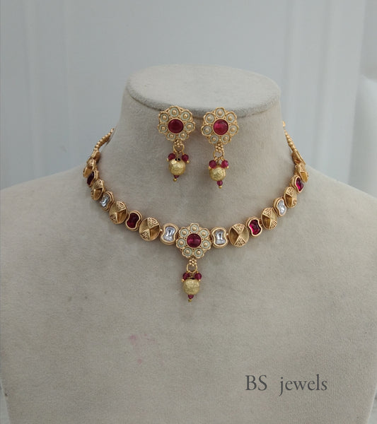 Polki Maroon Necklace Jewelry challa Set
