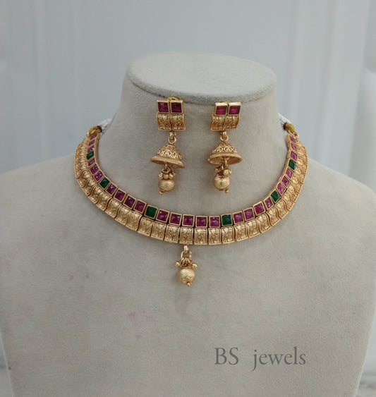 Green Maroon Polki Necklace Jewelry challa Set