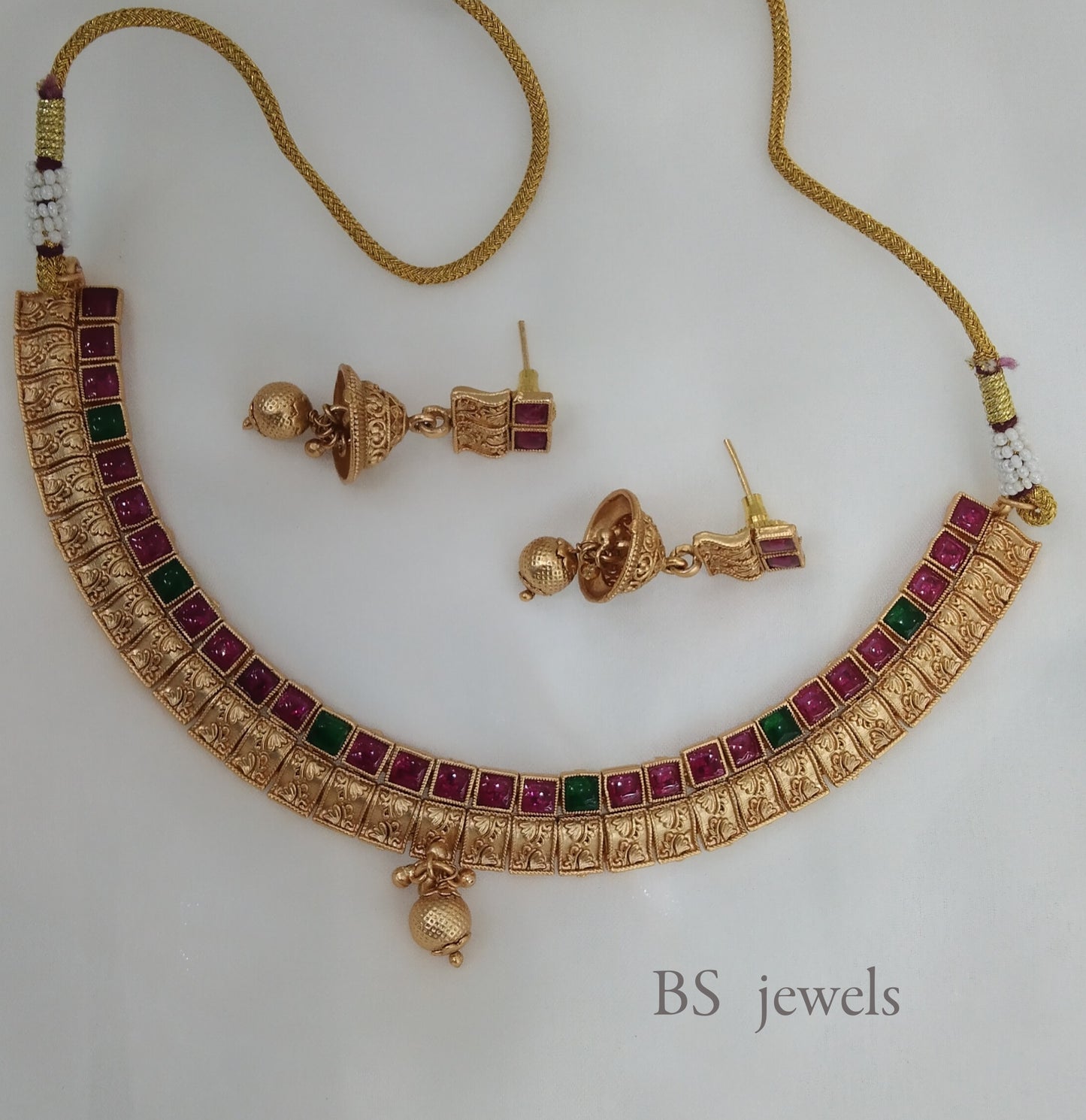 Green Maroon Polki Necklace Jewelry challa Set