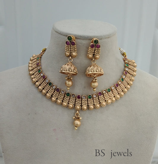 Green Maroon Polki Necklace Jewelry Challa Set
