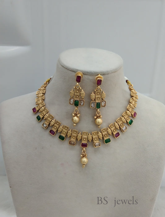Green Maroon Polki Necklace Jewelry challa Set