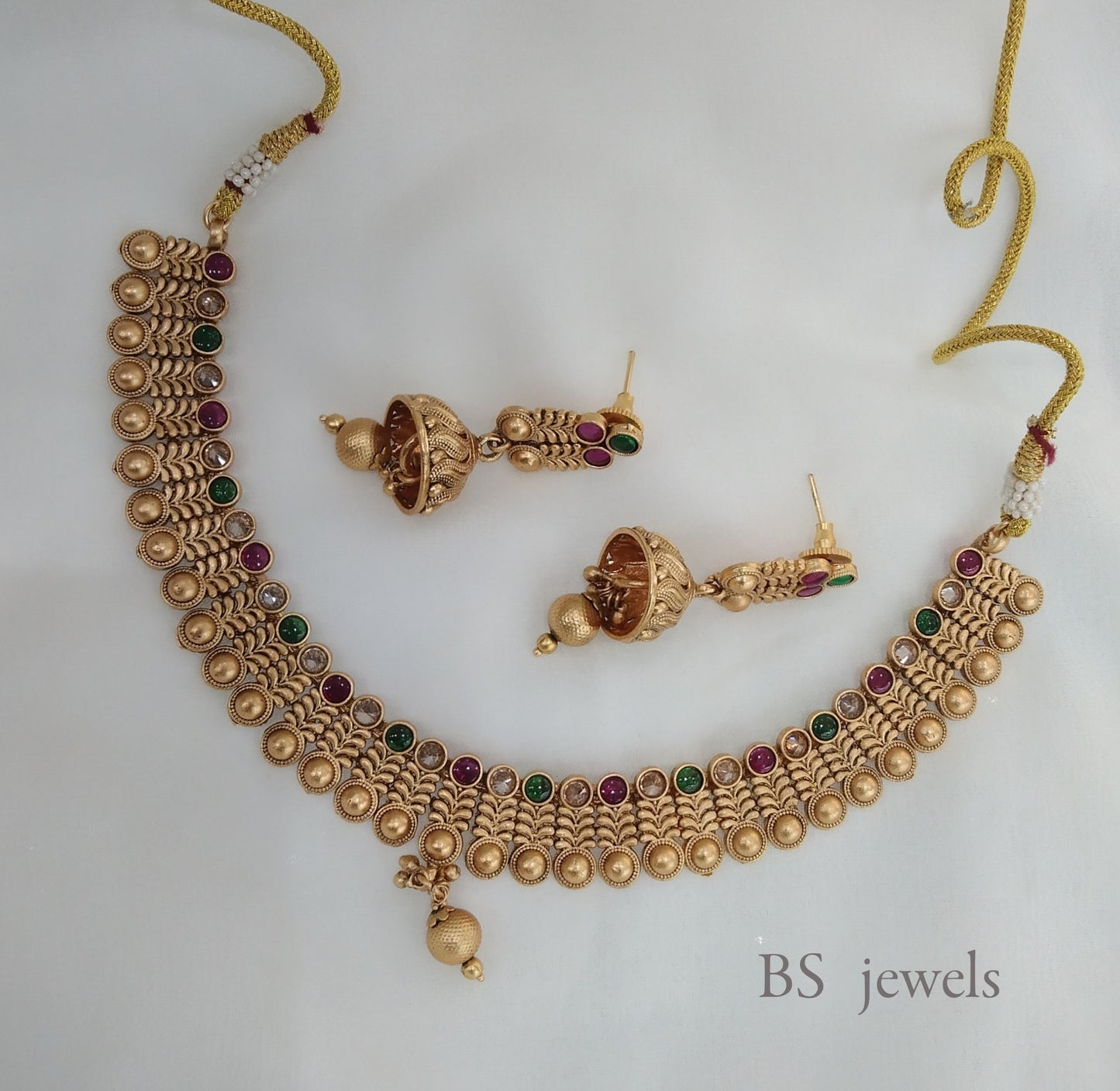 Green Maroon Polki Necklace Jewelry Challa Set