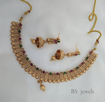 Green Maroon Polki Necklace Jewelry Challa Set
