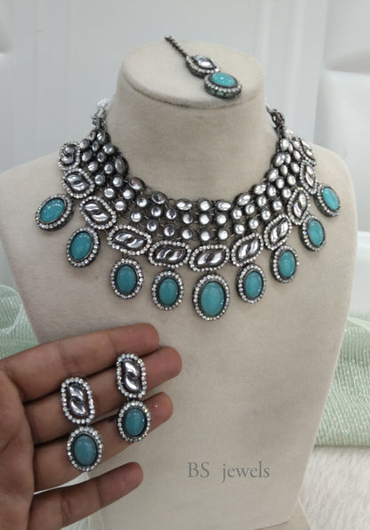 Oxidized Sky Blue  kundan necklace Set/ antique silver tribal shelf Jewellery