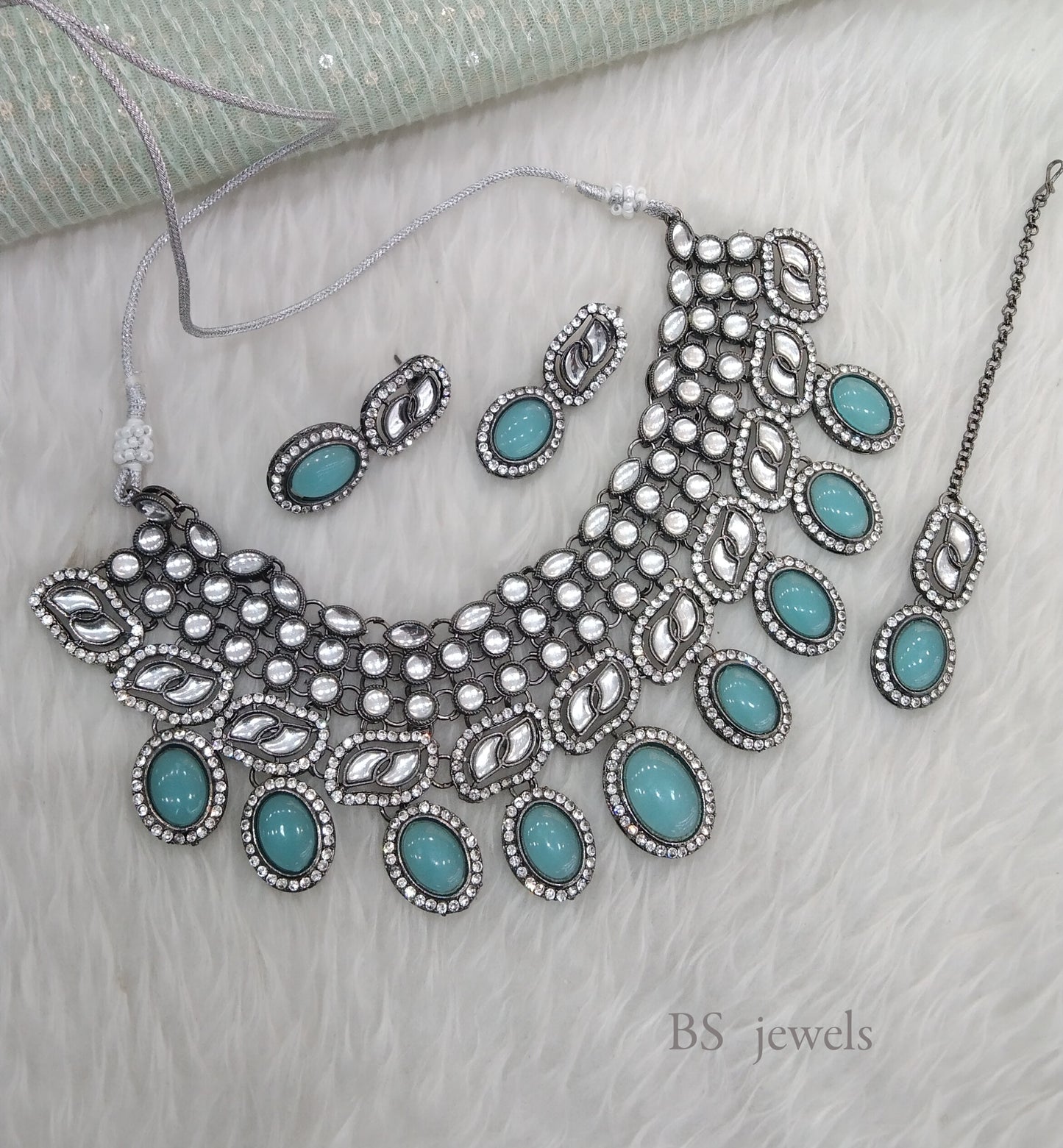 Oxidized Sky Blue  kundan necklace Set/ antique silver tribal shelf Jewellery