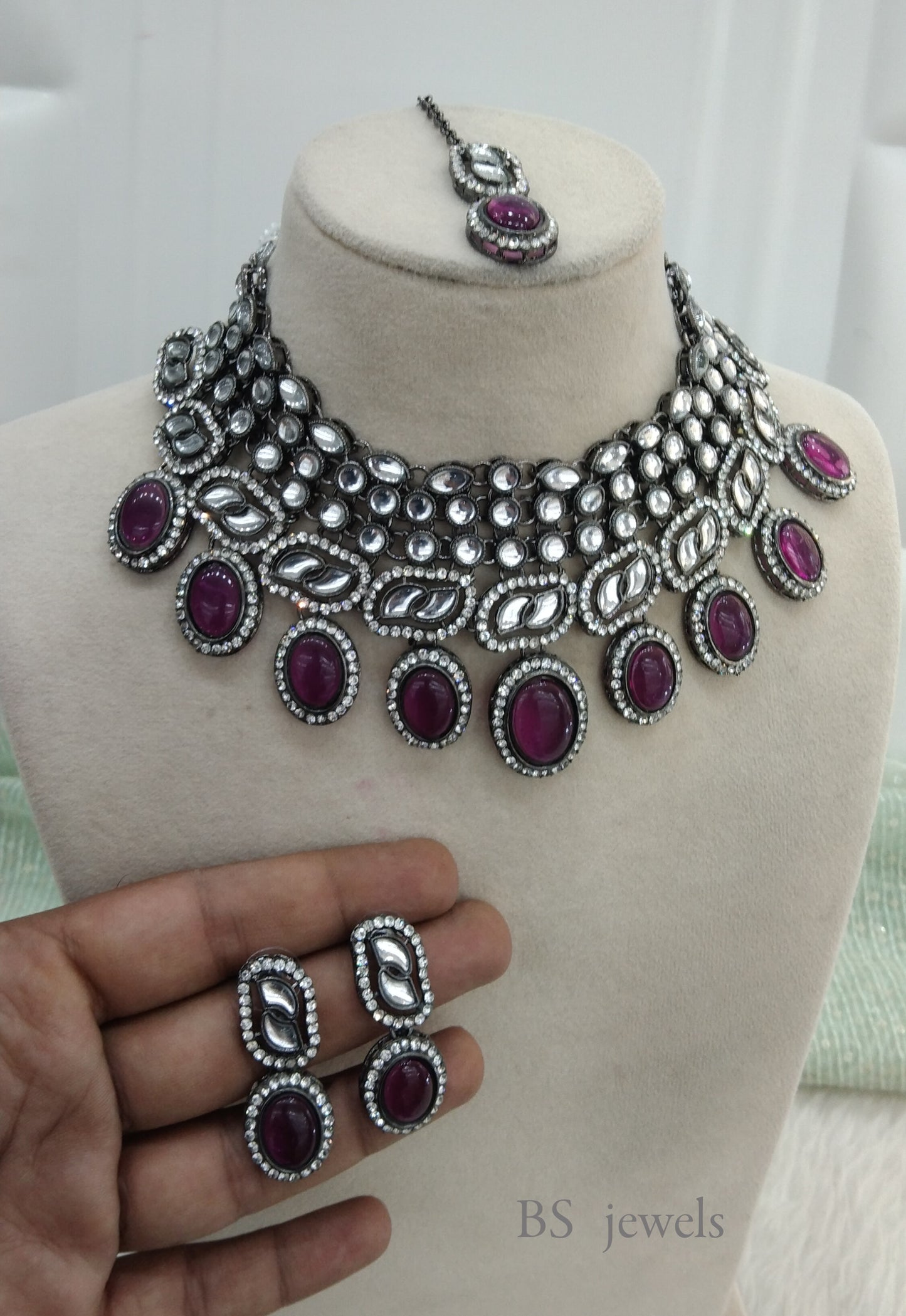 Oxidized Majenta   kundan necklace Set/ antique silver tribal shelf Jewellery