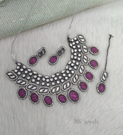 Oxidized Majenta   kundan necklace Set/ antique silver tribal shelf Jewellery