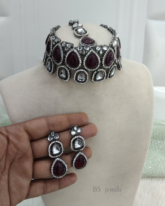 Oxidized Silver Maroon  Choker Set/ antique silver tribal shelf Jewellery