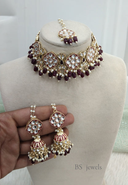 Maroon  Kundan Choker Salnon Jewelry Set