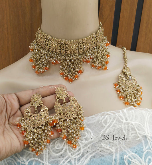 Choker Set Indian Orange Choker Siraj Jewellery