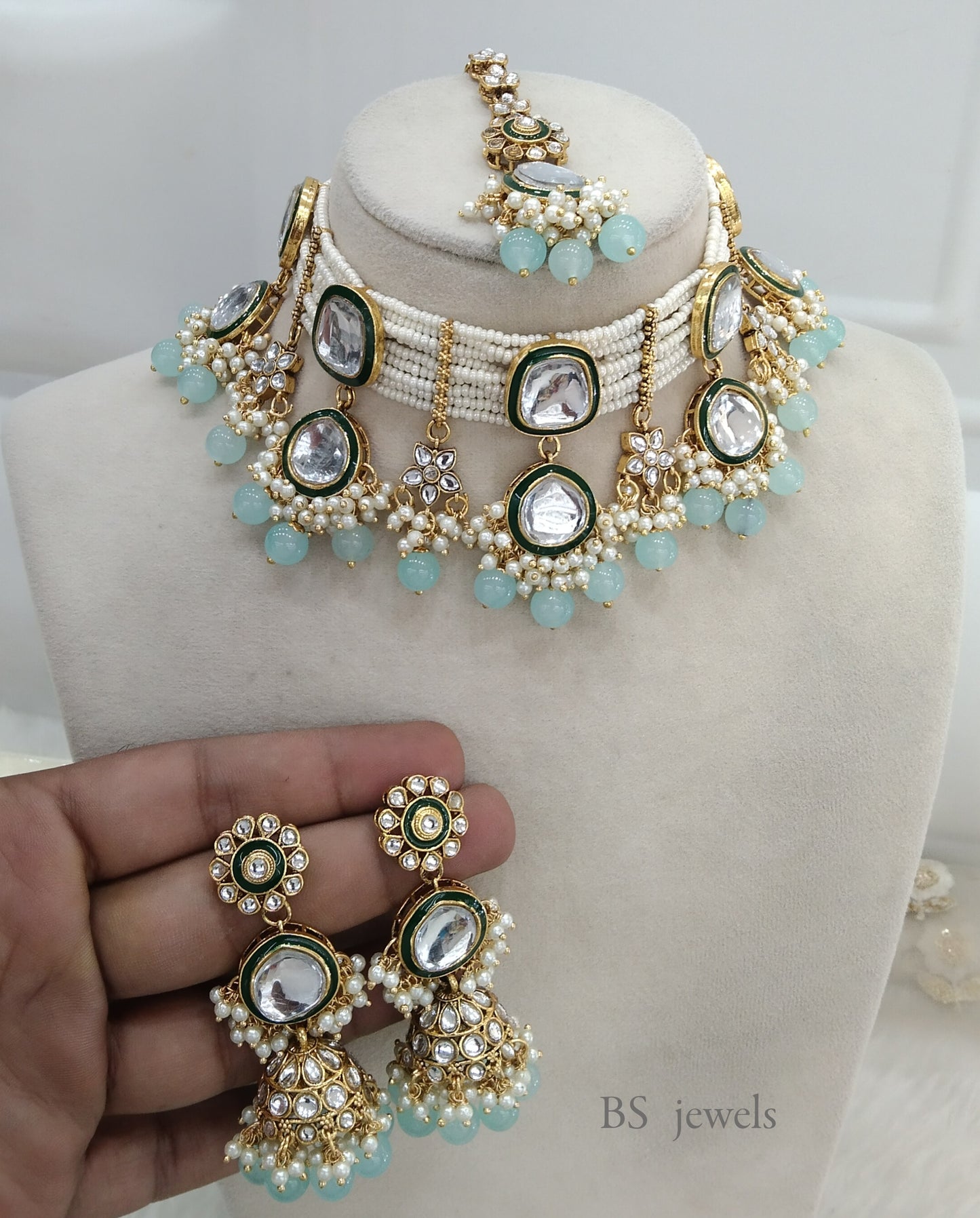 Toni Sky Blue Kundan Choker  set Earrings Jewelry