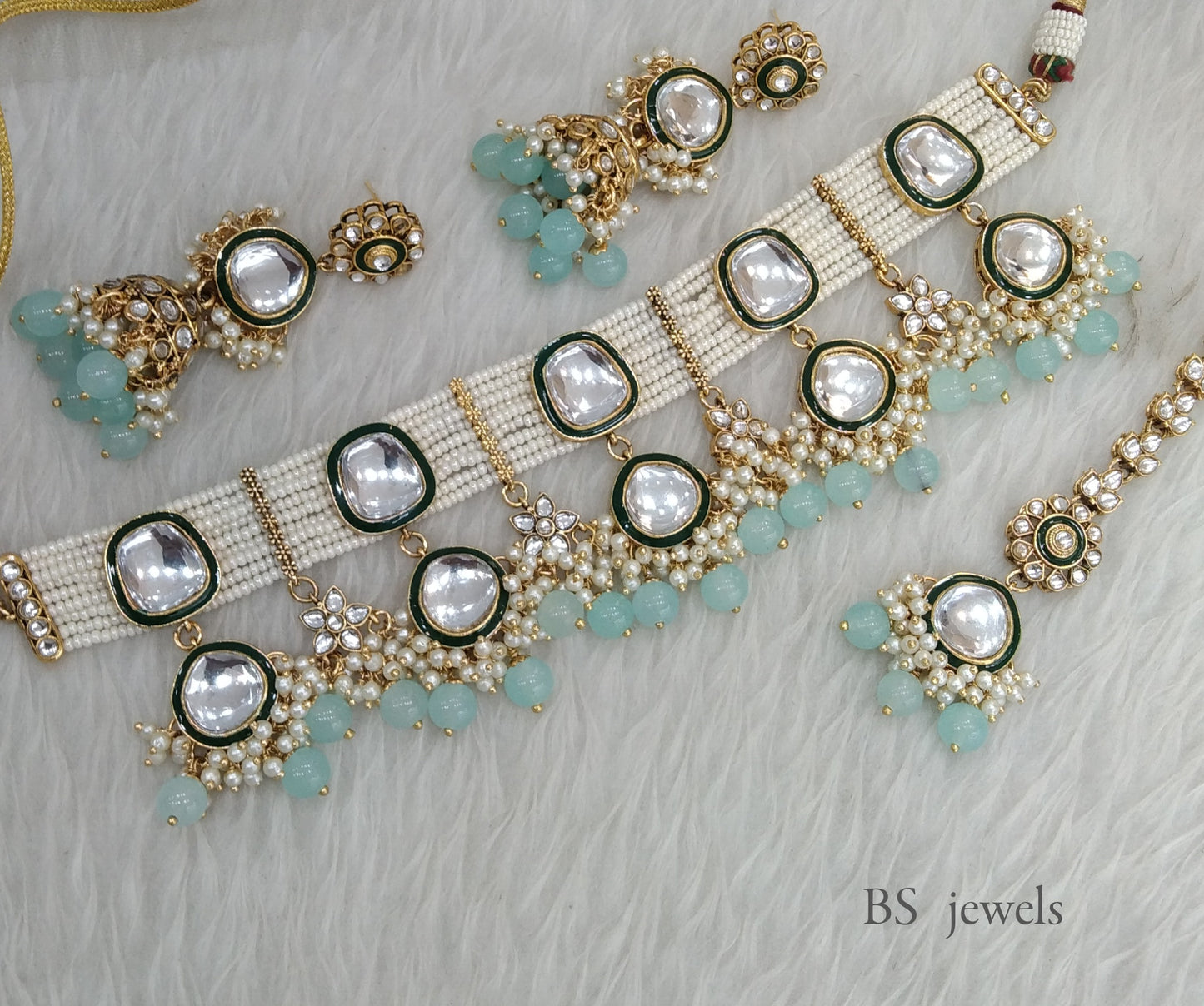 Toni Sky Blue Kundan Choker  set Earrings Jewelry