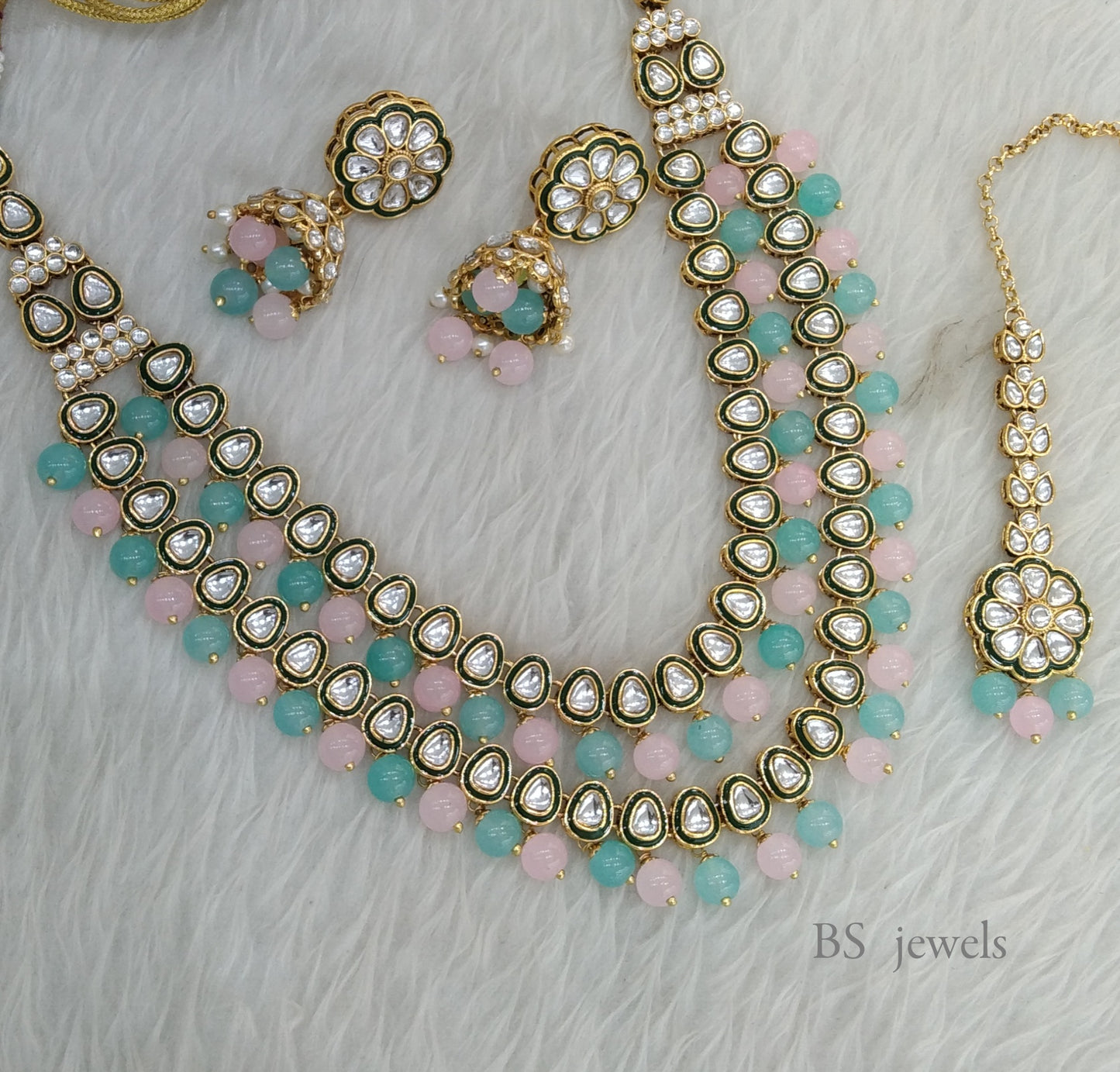 Sea green pink Kundan Jewelry Tishu Set