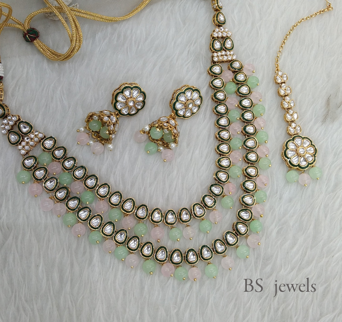 Mint Pink Kundan Jewelry Tishu Set