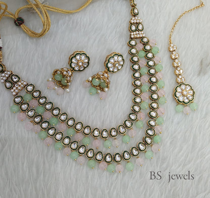 Mint Pink Kundan Jewelry Tishu Set