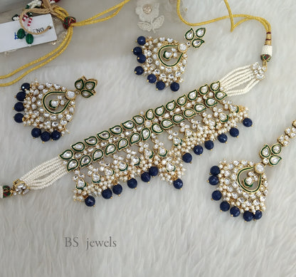 Tina Blue Kundan Choker  set Earrings Jewelry