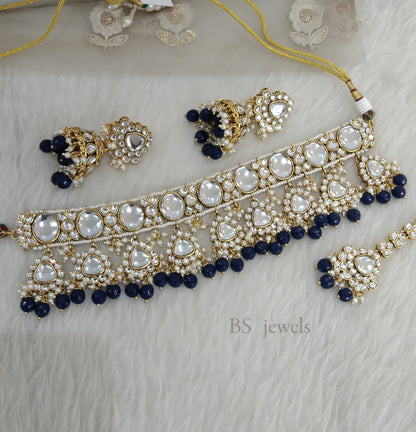 Taani  Blue Kundan Choker  set Earrings Jewelry