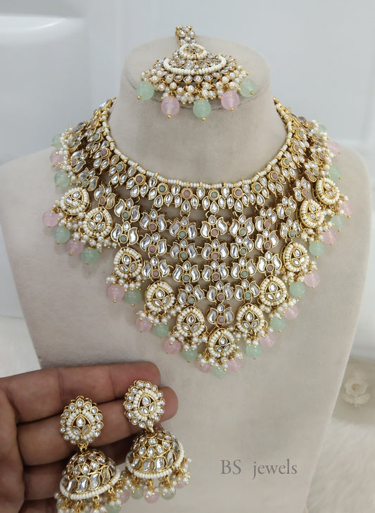 Tavi Mint Pink Kundan Necklace  set Earrings Jewelry