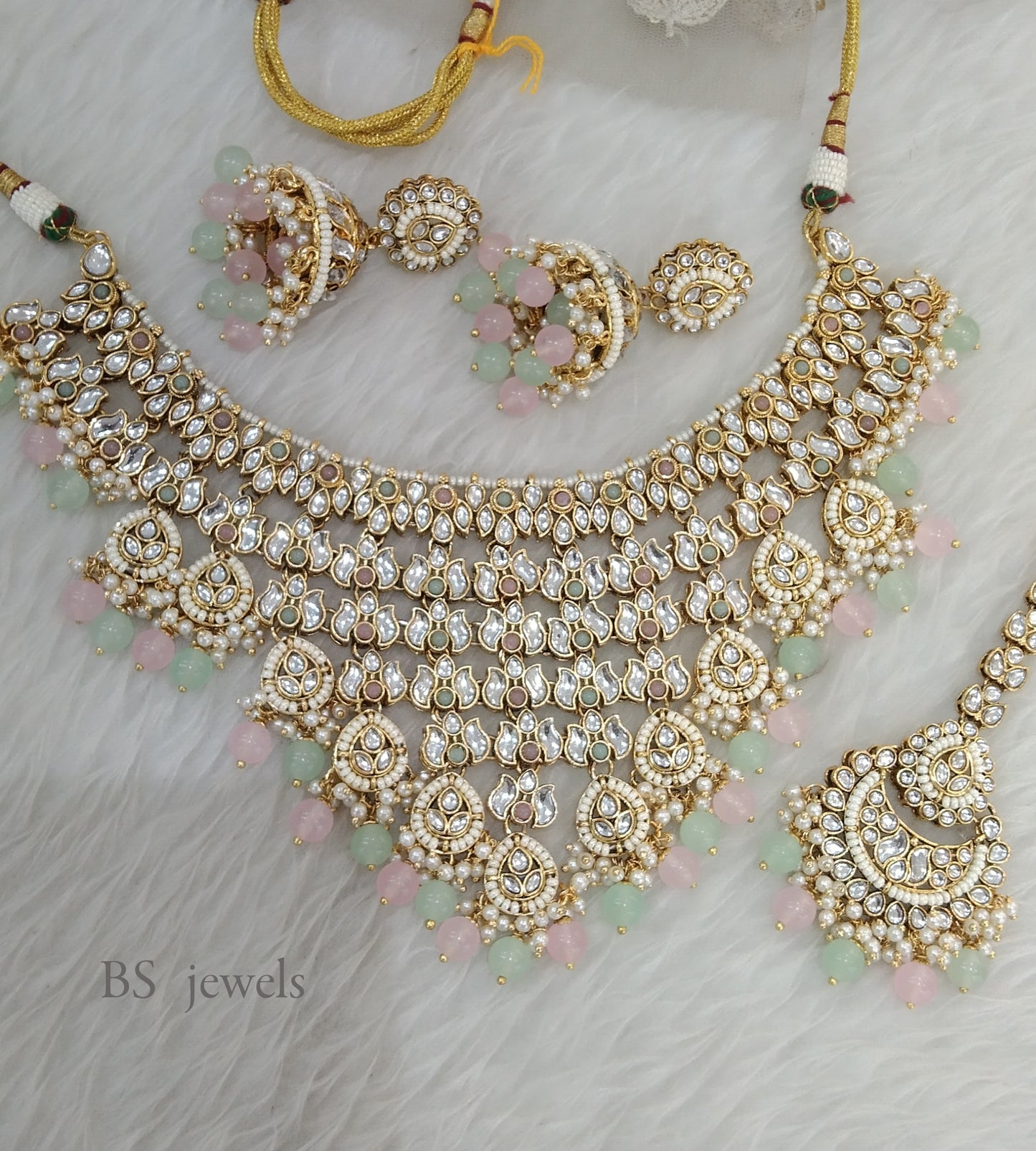 Tavi Mint Pink Kundan Necklace  set Earrings Jewelry