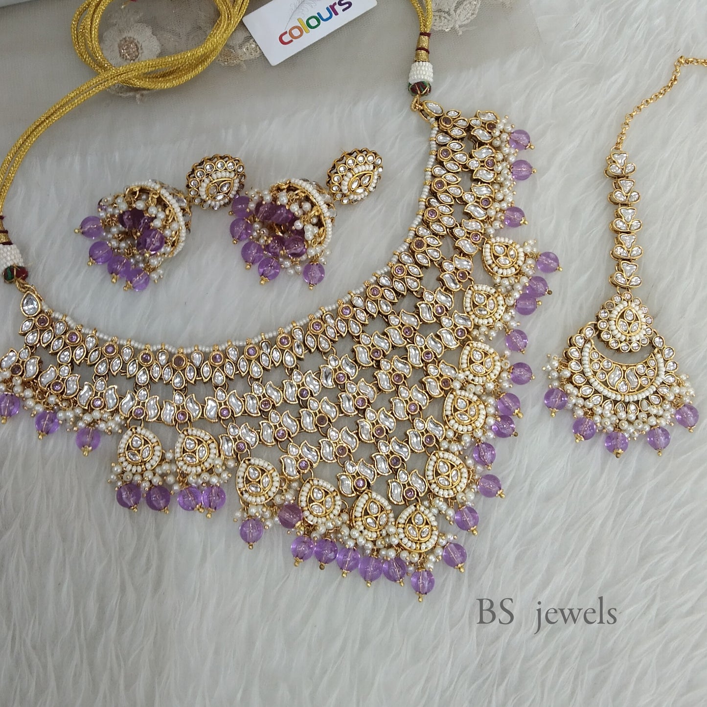 Tavi Lavender Kundan Necklace  set Earrings Jewelry