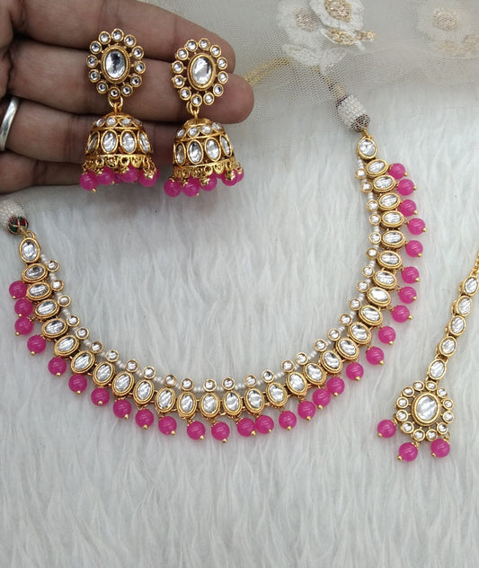 Hot Pink Kundan Jewelry Necklace Laksha Set