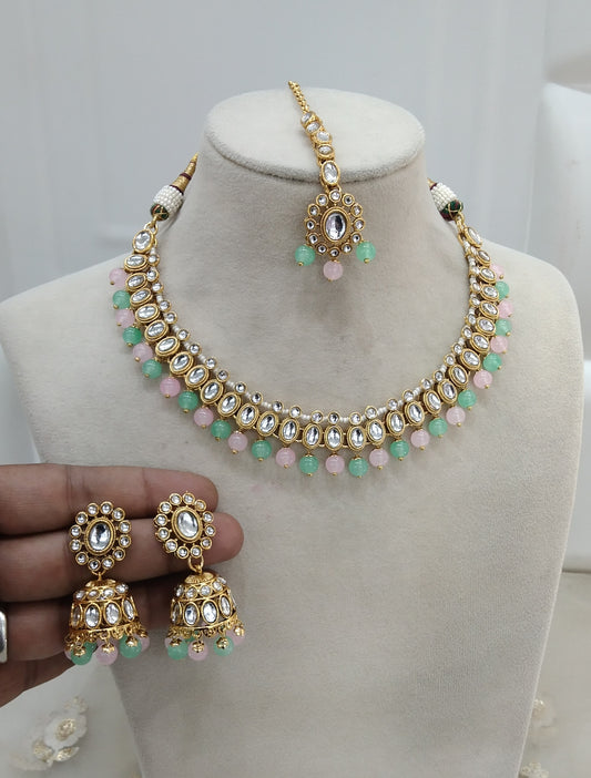 Kundan Jewelry Necklacea Mint Pink Laksha Set