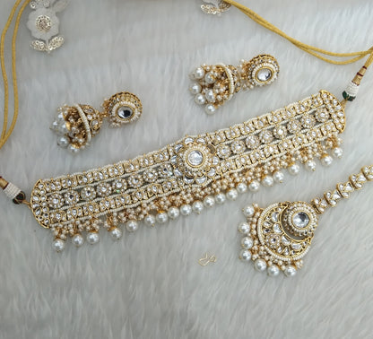 Kundan Choker Gold White Jewelry Preeti Set