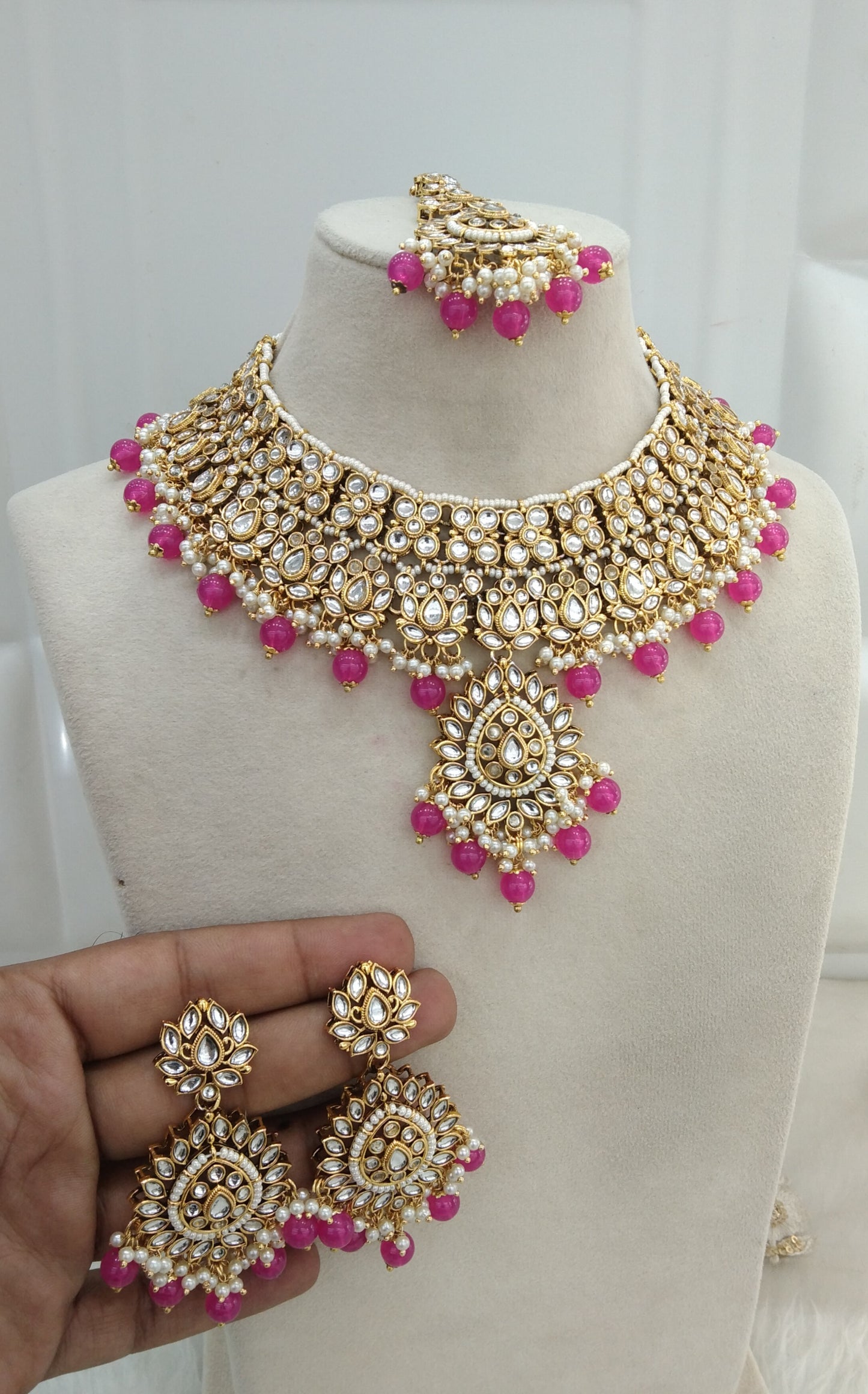 Hot Pink Kundan Necklace Jewellery Anu  Set