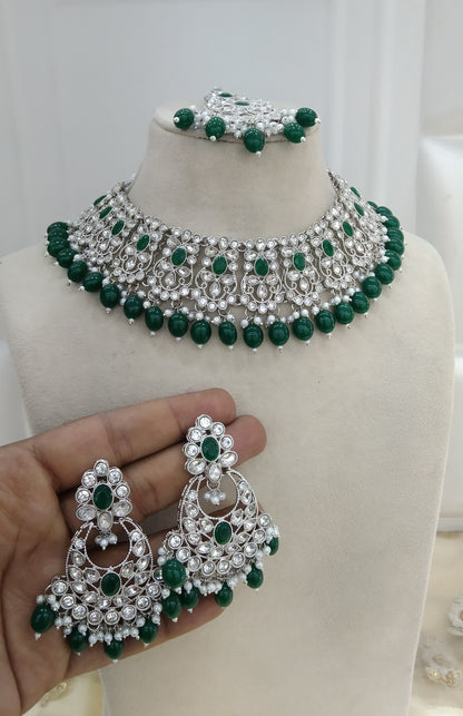 Silver Green Necklace Set Liva Jewellery
