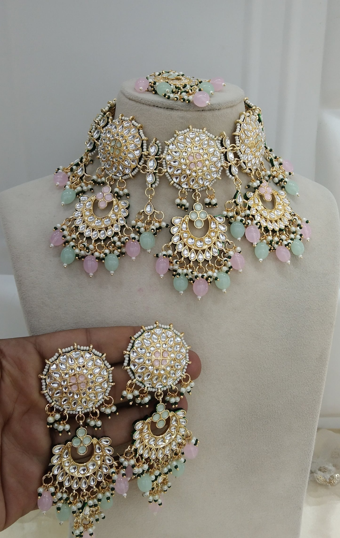 Mint Pink Kundan Necklace Jewellery Eric Set