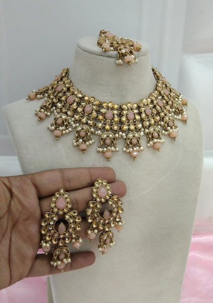 Peach Kundan Necklace Jewellery Hira  Set