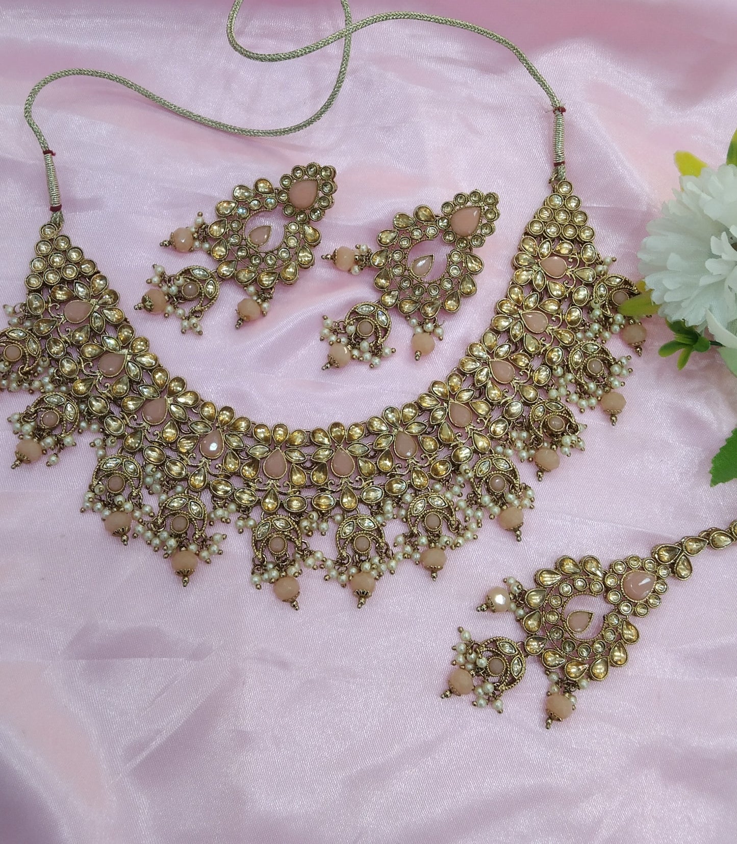 Peach Kundan Necklace Jewellery Hira  Set