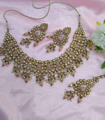 Peach Kundan Necklace Jewellery Hira  Set