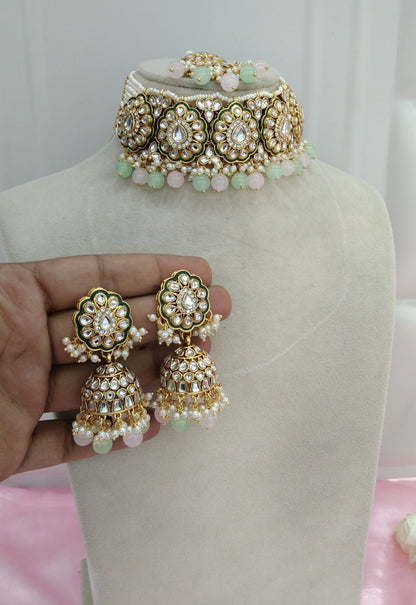MInt Pink Kundan Choker Jewellery Wamil Set