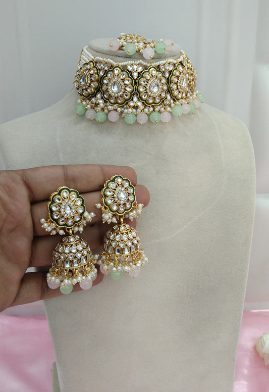 MInt Pink Kundan Choker Jewellery Wamil Set