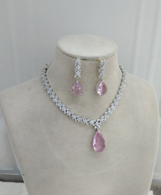 Silver American Diamond pink Cz Necklace Jewellery Anu Set