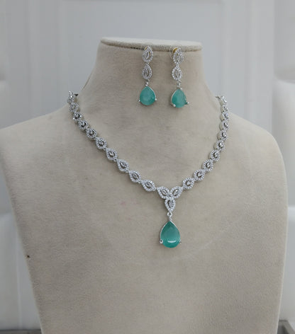 Silver American Diamond Sea Green Cz Necklace Jewellery Anu Set