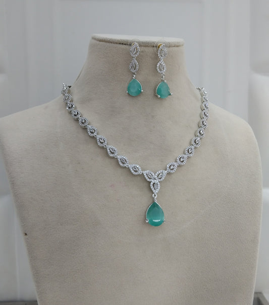 Silver American Diamond Sea Green Cz Necklace Jewellery Anu Set
