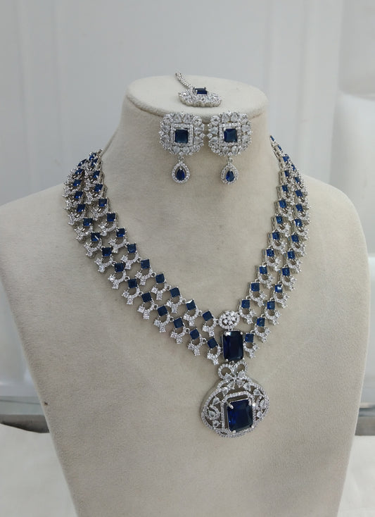 Silver American Diamond Blue Cz Necklace Jewellery kato Set