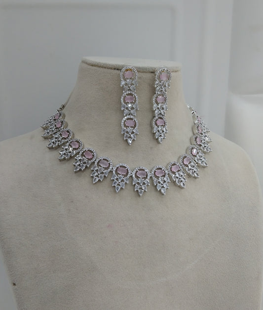 Silver American Diamond Pink Cz Necklace Jewellery kato Set
